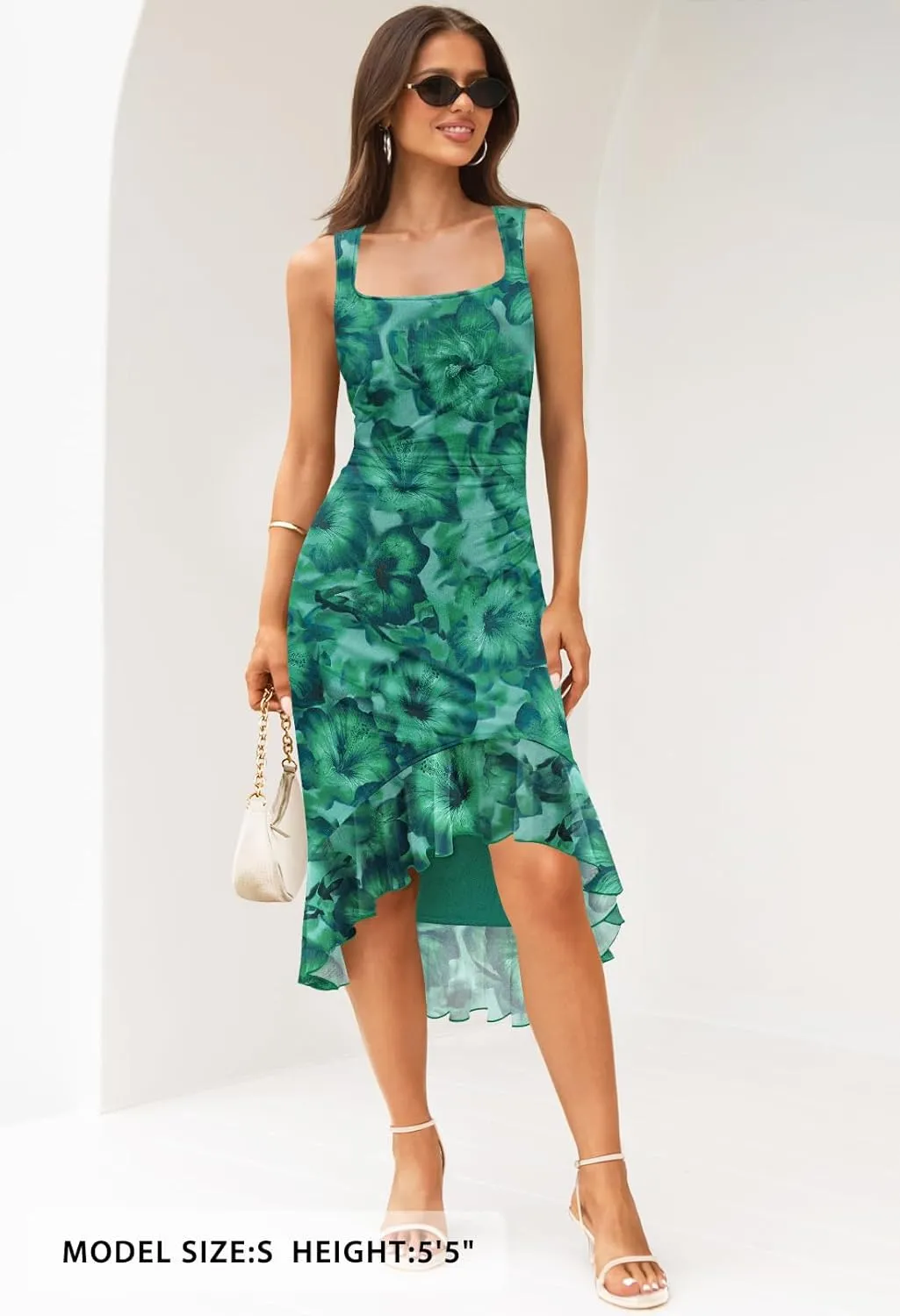 MEROKEETY Women's Summer Floral Bodycon Dress Square Neck Sleeveless Ruffle Hem Cocktail Mesh Midi Dress