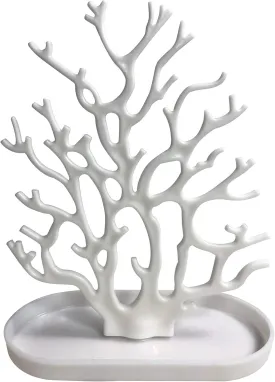 NewFerU Coral Tree Jewelry Hanging Stand Display Table Top Necklace Bracelet Holder Earring Hanger Organizer Rack Tower with a Ring Watch Dish Tray for Women Girls (White)