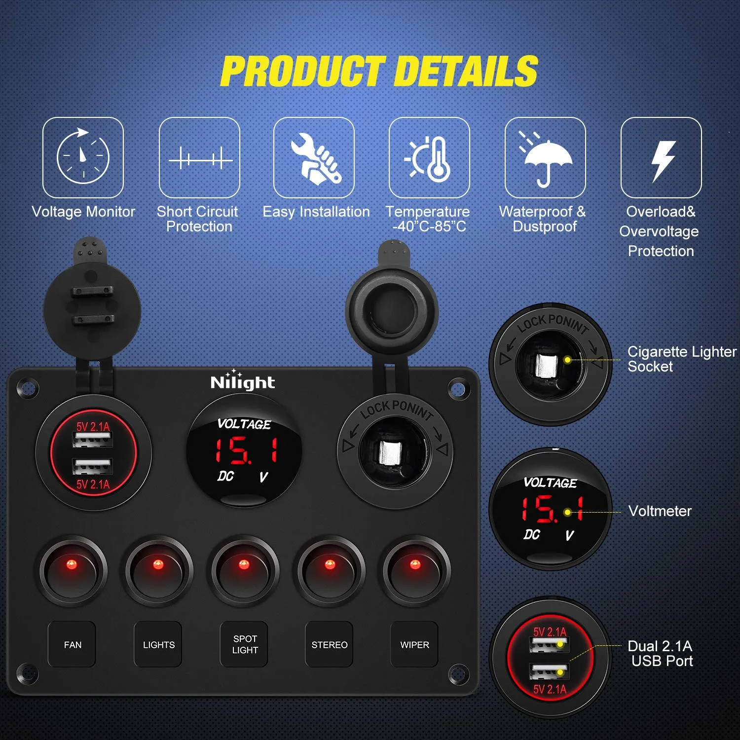 Nilight 5 Gang Multi Function Rocker Switch Backlit Dual USB Charger, Digital Voltmeter, 12V Outlet Pre-Wired Panel with Inline Fuse for RVs Cars Boats Trucks Trailers, Red (90124E)