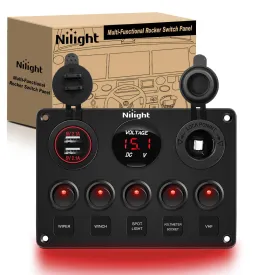 Nilight 5 Gang Multi Function Rocker Switch Backlit Dual USB Charger, Digital Voltmeter, 12V Outlet Pre-Wired Panel with Inline Fuse for RVs Cars Boats Trucks Trailers, Red (90124E)