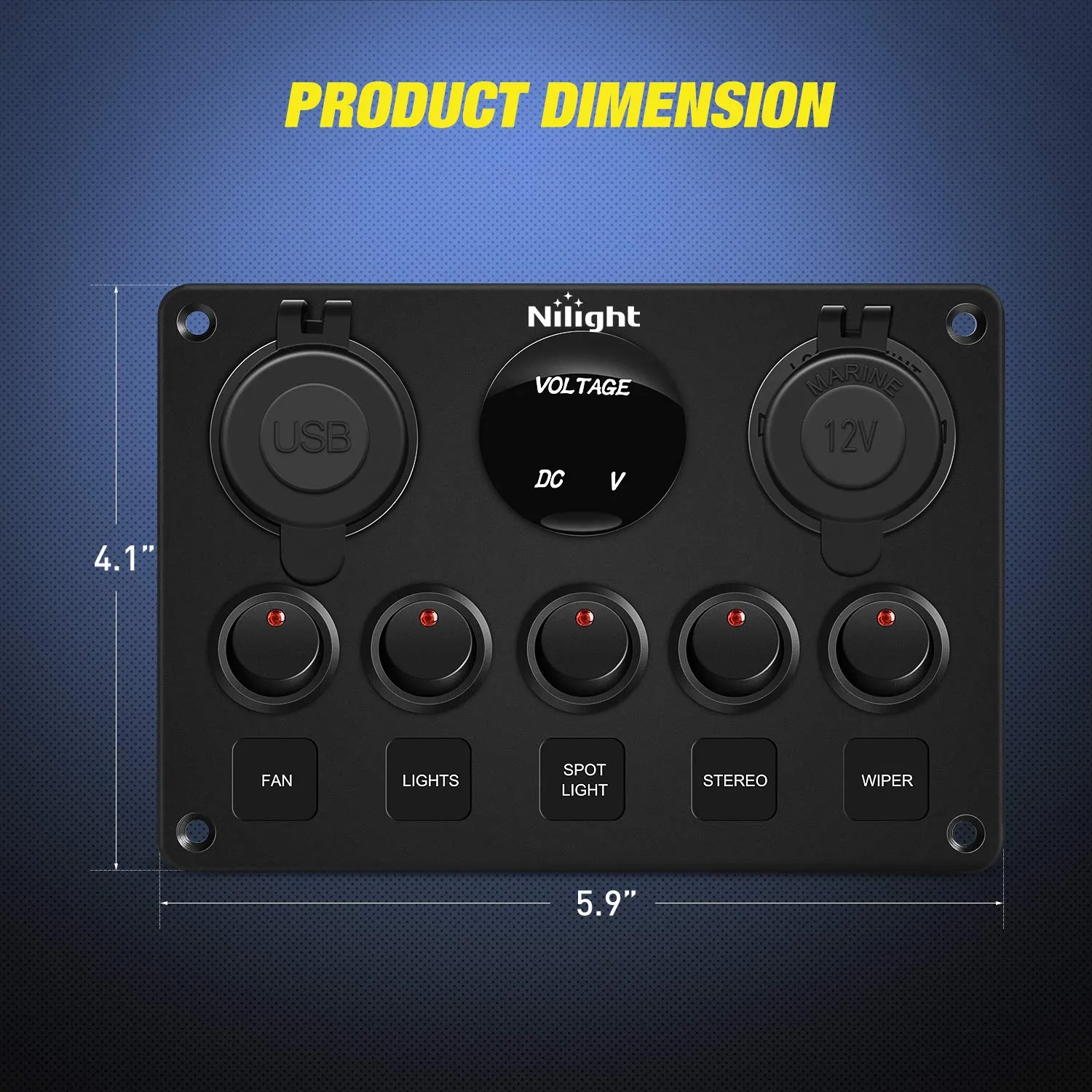 Nilight 5 Gang Multi Function Rocker Switch Backlit Dual USB Charger, Digital Voltmeter, 12V Outlet Pre-Wired Panel with Inline Fuse for RVs Cars Boats Trucks Trailers, Red (90124E)