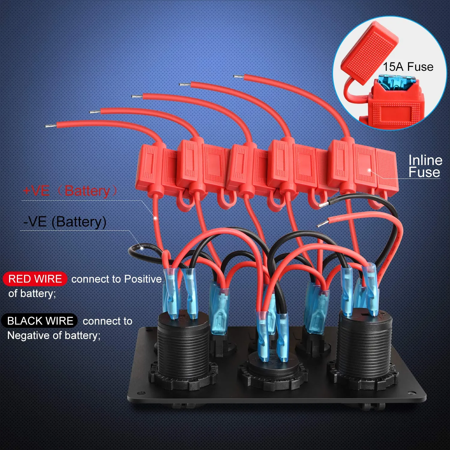 Nilight 5 Gang Multi Function Rocker Switch Backlit Dual USB Charger, Digital Voltmeter, 12V Outlet Pre-Wired Panel with Inline Fuse for RVs Cars Boats Trucks Trailers, Red (90124E)