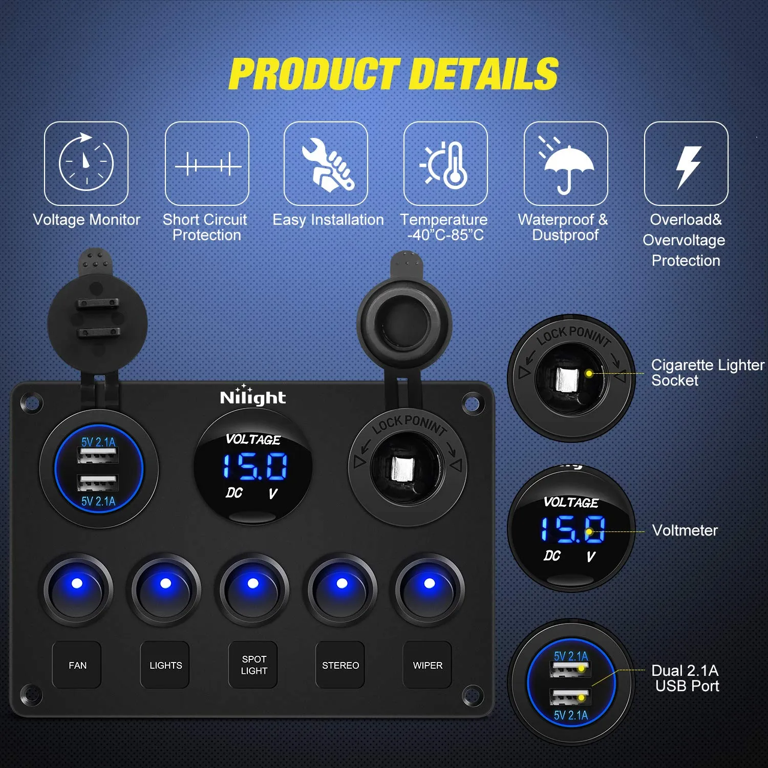 Nilight 90101E 5Gang Multi-Function 5 Gang Rocker Dual USB Charger   Digital Volmeter  12V Outlet Pre-Wired Switch Panel with Circuit Breakers for RV Car Boat Truck Trailer,2 Years Warranty,Blue