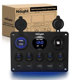 Nilight 90101E 5Gang Multi-Function 5 Gang Rocker Dual USB Charger   Digital Volmeter  12V Outlet Pre-Wired Switch Panel with Circuit Breakers for RV Car Boat Truck Trailer,2 Years Warranty,Blue