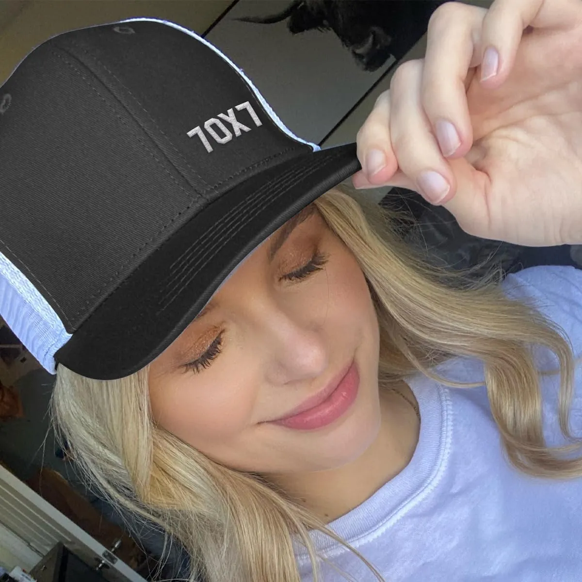 Our True God 70X7 Seventy Times Seven Flatbill Christian Trucker Hat - Adjustable Snapback Hat - Mesh Side for Casual Wear