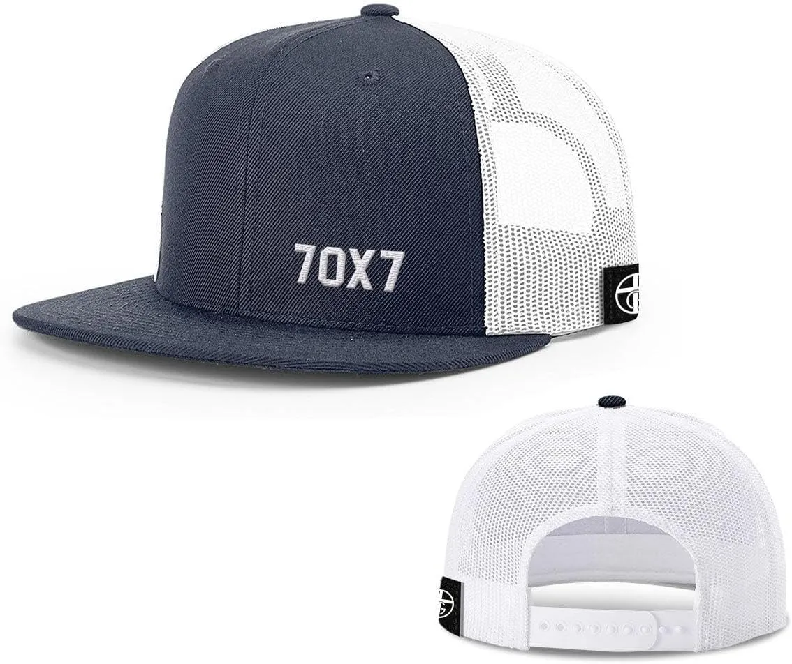 Our True God 70X7 Seventy Times Seven Flatbill Christian Trucker Hat - Adjustable Snapback Hat - Mesh Side for Casual Wear