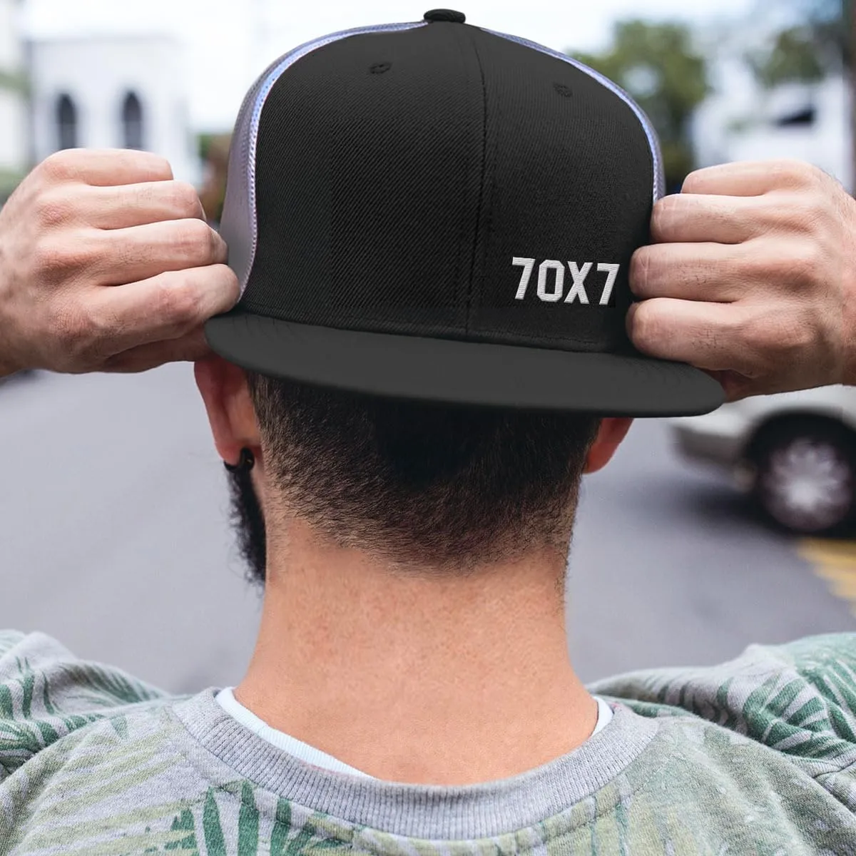 Our True God 70X7 Seventy Times Seven Flatbill Christian Trucker Hat - Adjustable Snapback Hat - Mesh Side for Casual Wear