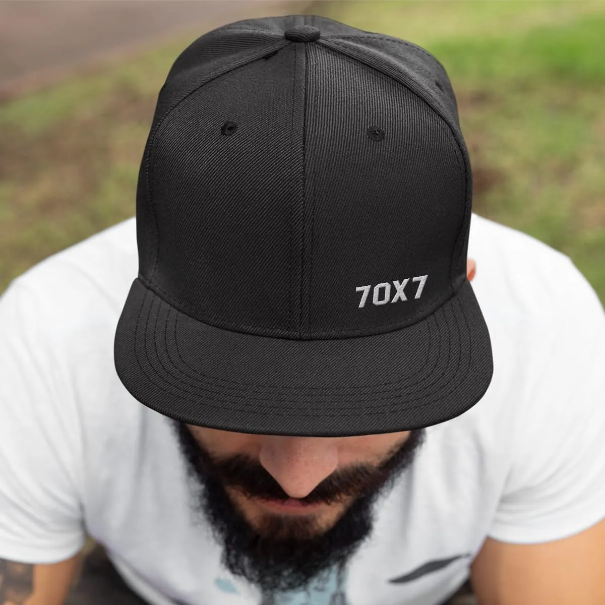 Our True God 70X7 Seventy Times Seven Flatbill Christian Trucker Hat - Adjustable Snapback Hat - Mesh Side for Casual Wear