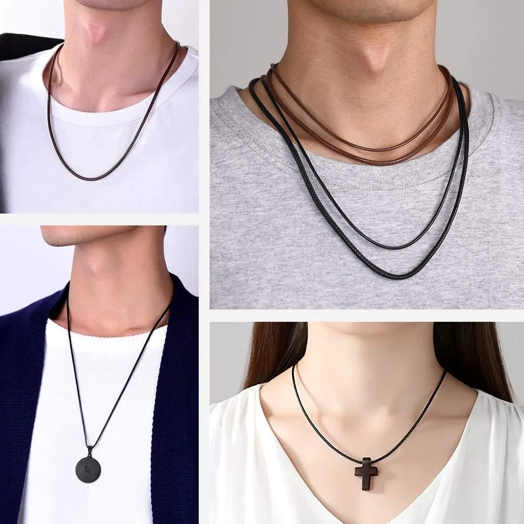 Richsteel Black/Brown Braided Wax Rope Necklace for Men Women 2/3mm Wide Leather Necklace with Customizable Stainless Steel Clasp Waterproof (with Gift Box)