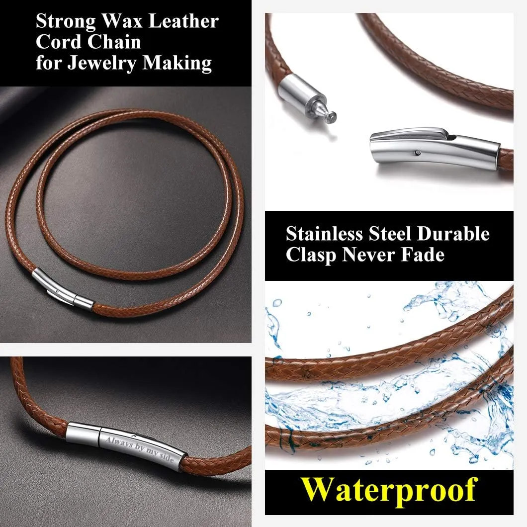 Richsteel Black/Brown Braided Wax Rope Necklace for Men Women 2/3mm Wide Leather Necklace with Customizable Stainless Steel Clasp Waterproof (with Gift Box)