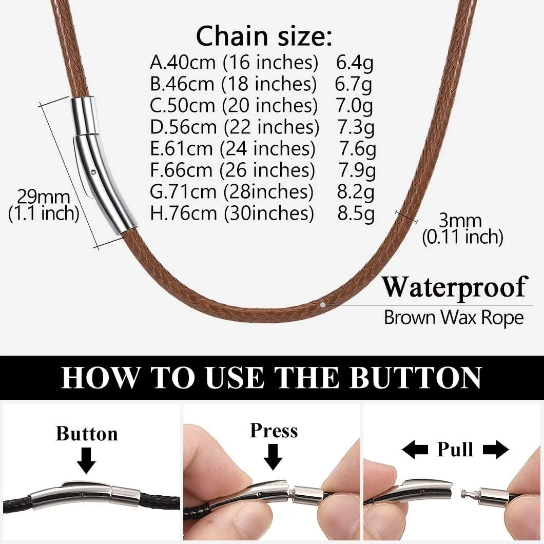 Richsteel Black/Brown Braided Wax Rope Necklace for Men Women 2/3mm Wide Leather Necklace with Customizable Stainless Steel Clasp Waterproof (with Gift Box)