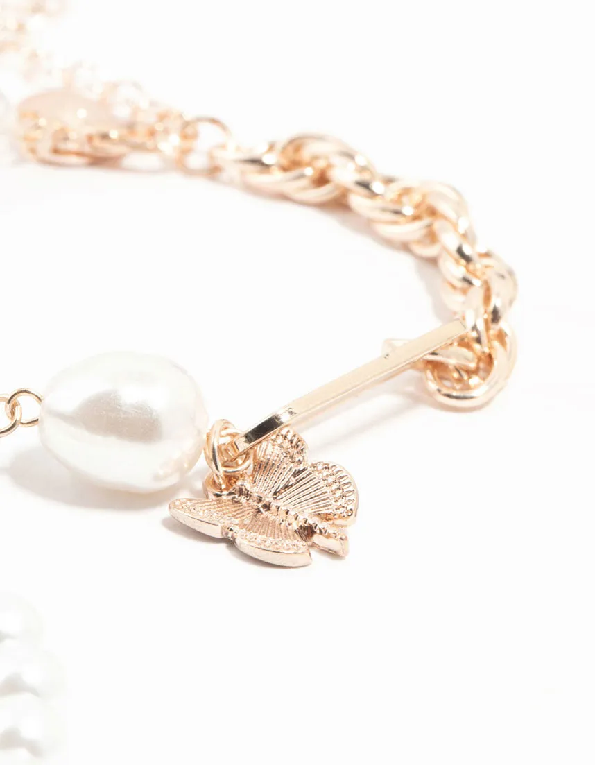 Rose Gold Pearl, Chain & Butterfly Toggle Bracelets 3-Pack