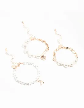 Rose Gold Pearl, Chain & Butterfly Toggle Bracelets 3-Pack