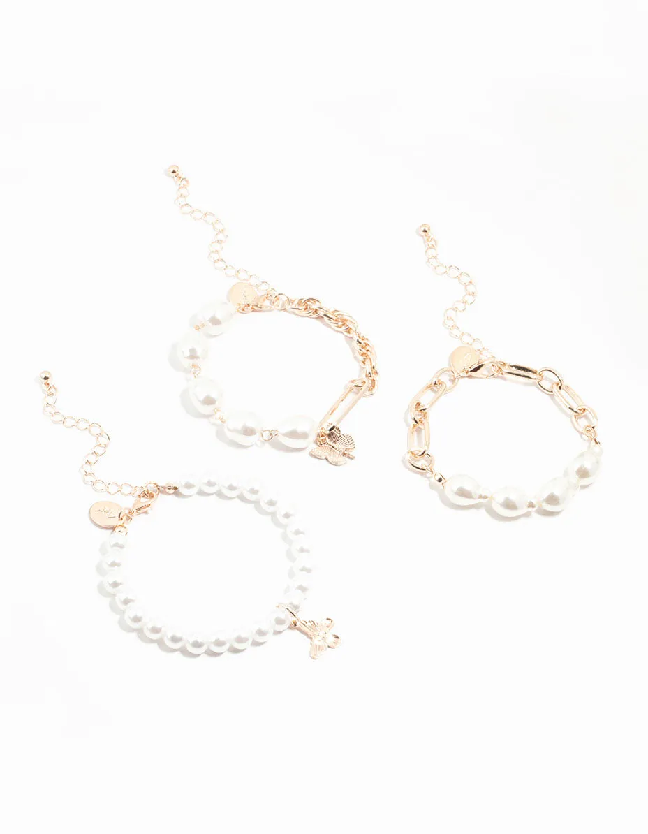 Rose Gold Pearl, Chain & Butterfly Toggle Bracelets 3-Pack