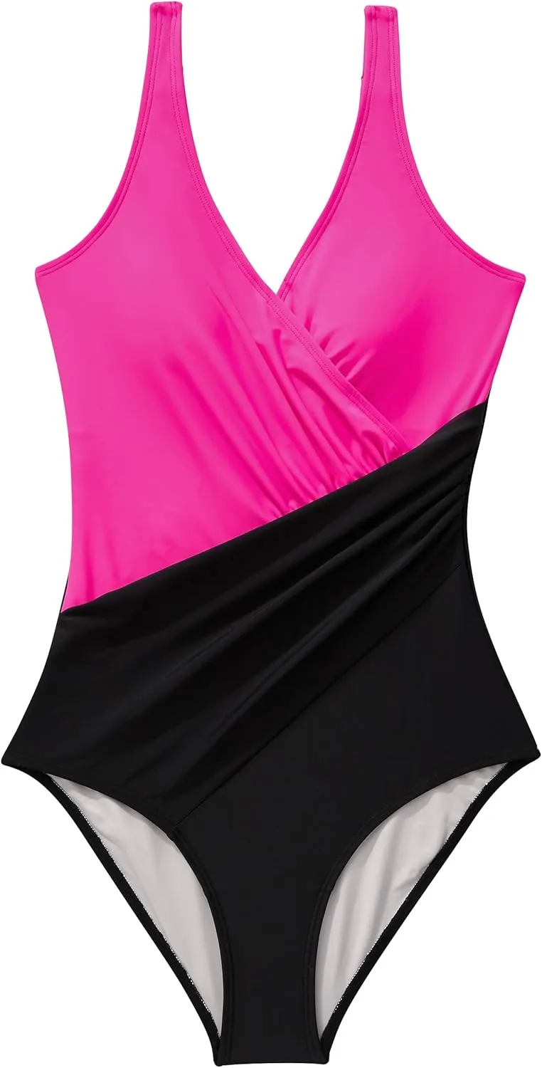RXRXCOCO Womens One Piece Swimsuits Tummy Control Ruched Criss Cross Bathing Suits V Neck Slimming Swimwear