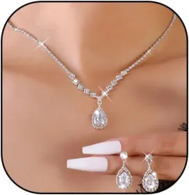 Shiny Cubic Zirconia Waterdrop Earrings Pendant Necklace Set Rhinestone Waterdrop Dangle Earrings Clavicle Necklace Wedding Bride Jewelry for Women