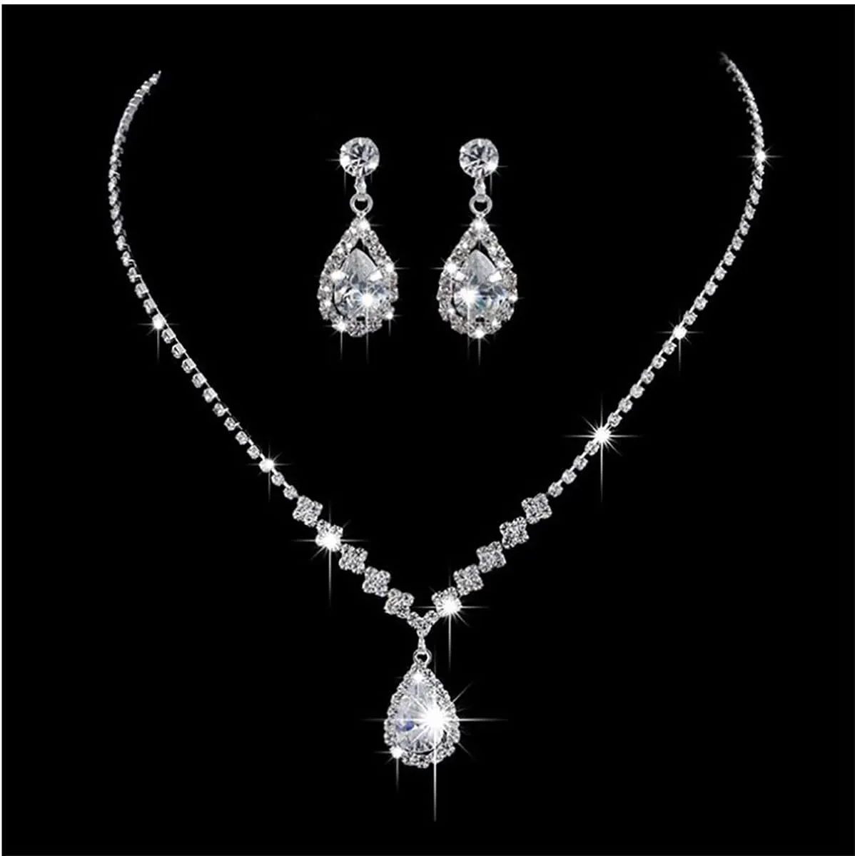 Shiny Cubic Zirconia Waterdrop Earrings Pendant Necklace Set Rhinestone Waterdrop Dangle Earrings Clavicle Necklace Wedding Bride Jewelry for Women