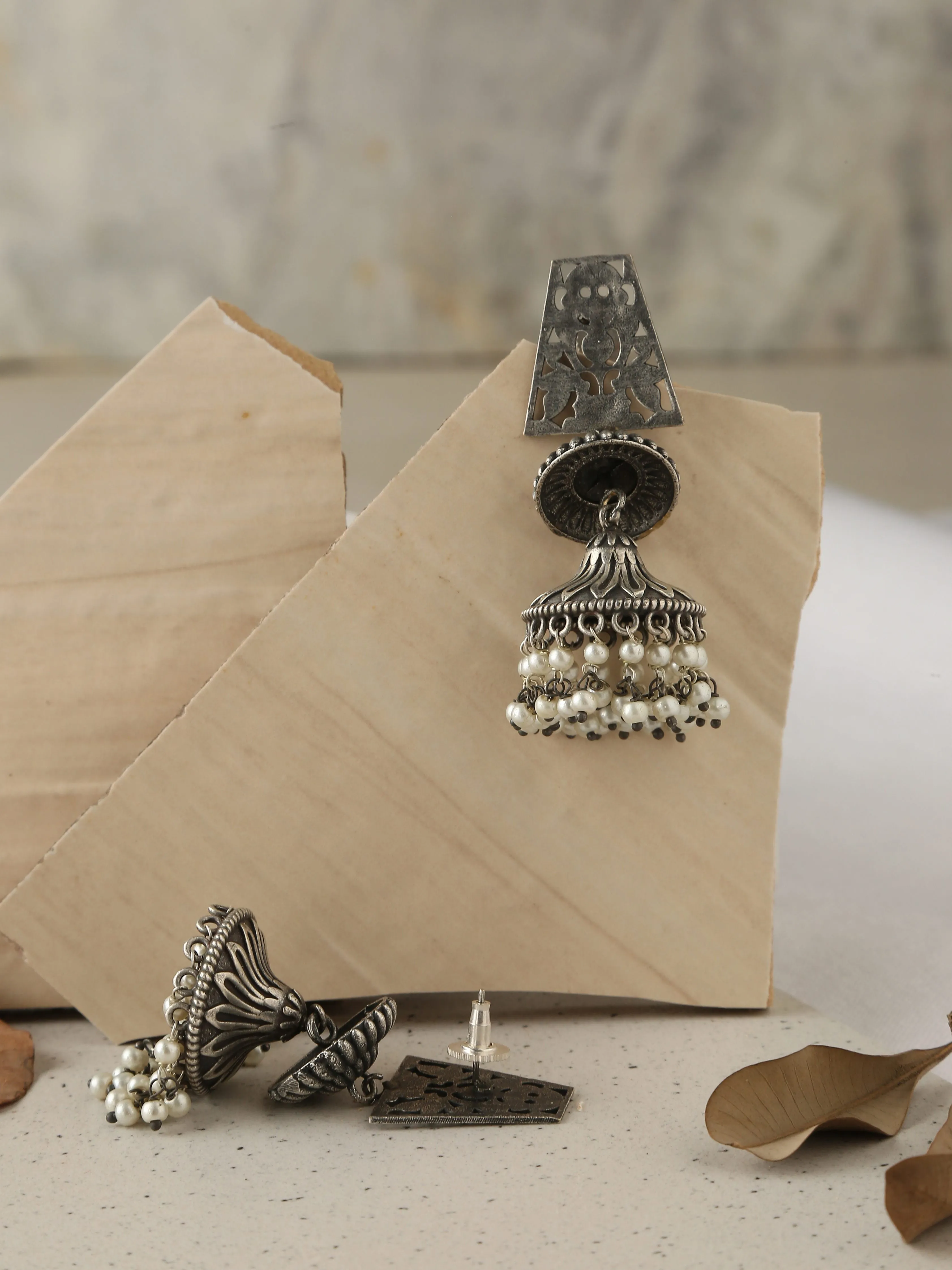 Silver-Plated Jaali Jhumka Earrings