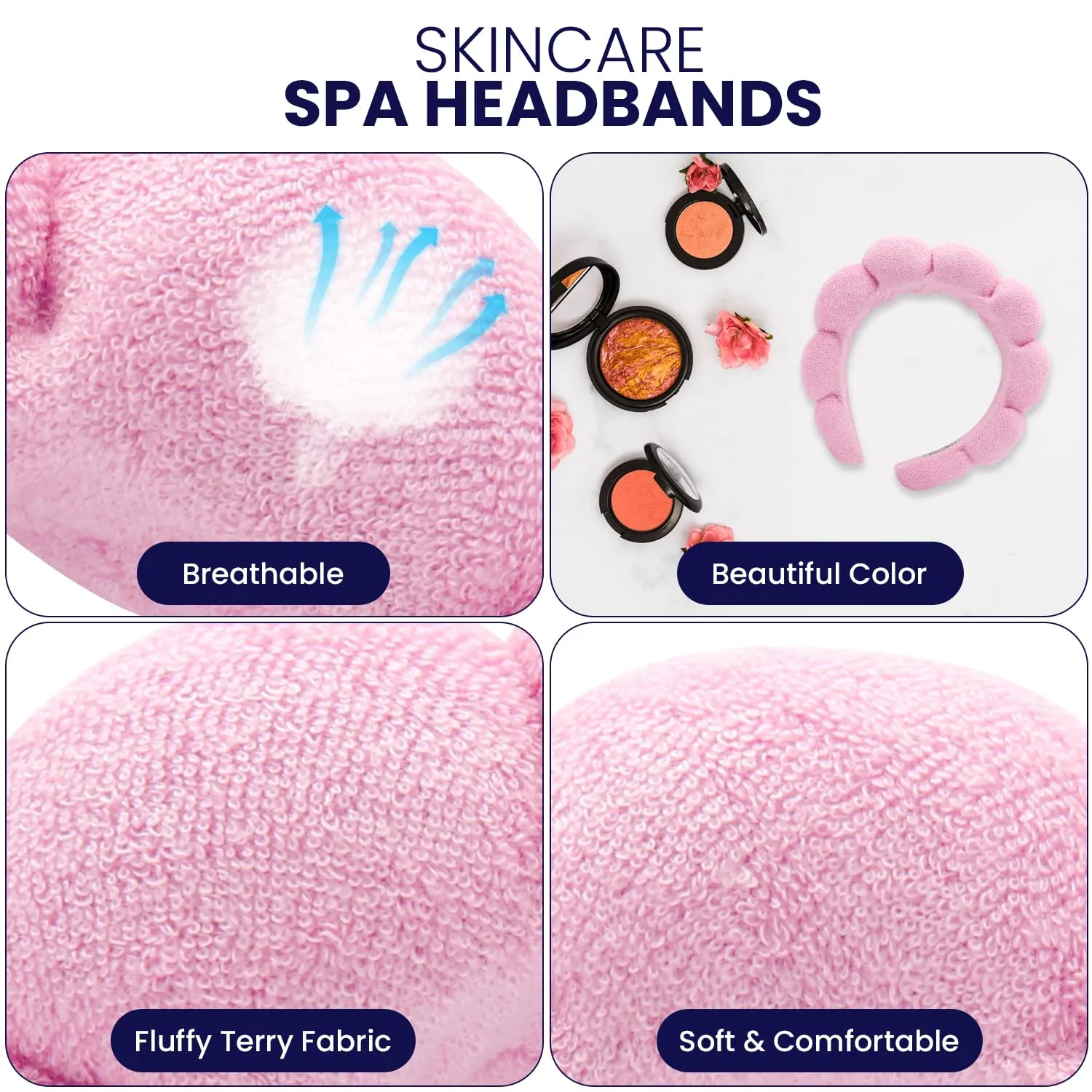 Spa Headbands for Washing Face, Makeup and Skincare. 3 Pc Set of Skin Care Head band with Wristbands. Puffy Terry Cloth, Non Slip Get Ready Hairband for Women, Teens, Girls. Cute Hair Accessories.