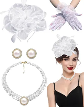 Tea Party Fascinator Hat for Women Tea Party Headwear Lace Gloves Pearl Jewelry Set Wedding Cocktail