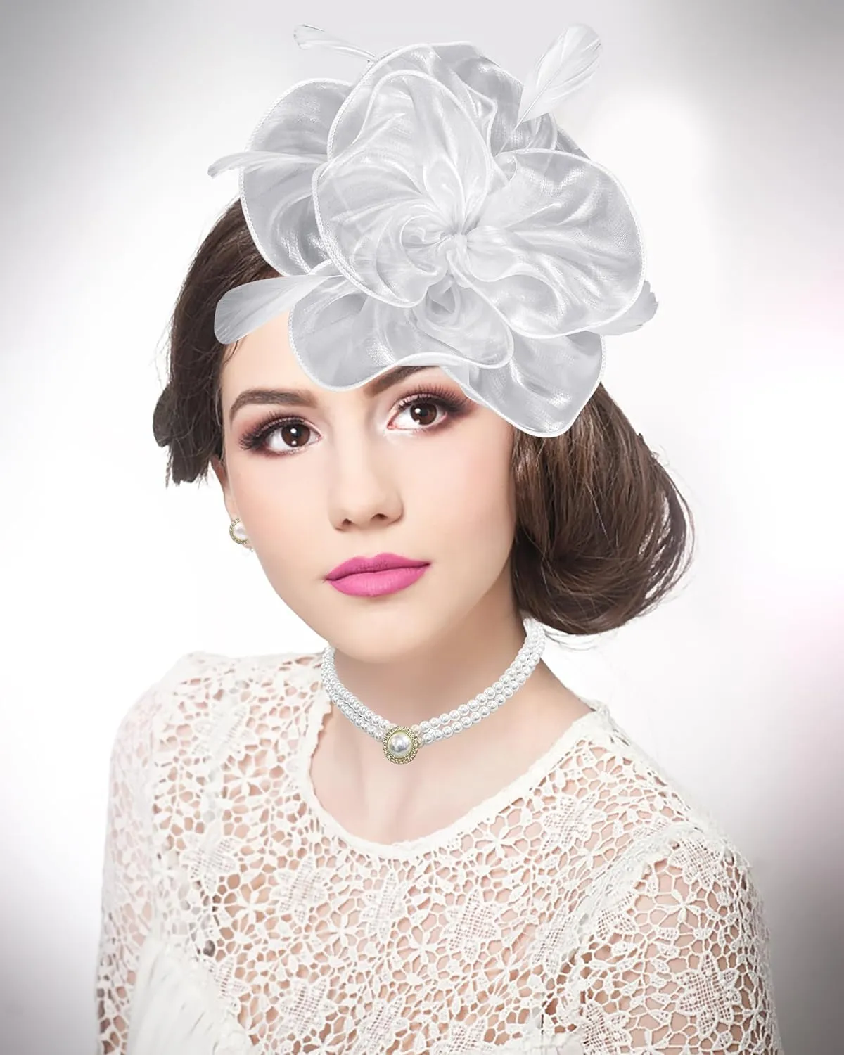 Tea Party Fascinator Hat for Women Tea Party Headwear Lace Gloves Pearl Jewelry Set Wedding Cocktail