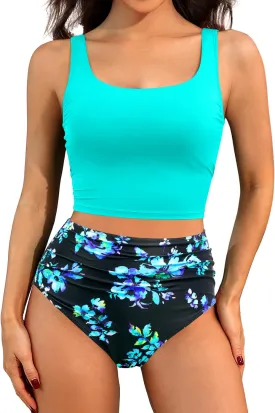 Tempt Me Women Two Piece Tankini Swimsuits - Crop Swim Top with High Waisted Bottom Tummy Control Bathing Suits Swimwear