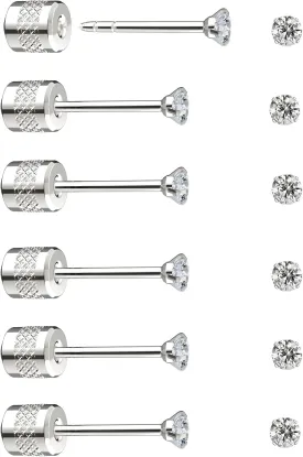 Threadless Flat Back Stud Earrings, 6 Pairs Titanium Hypoallergenic Earrings for Women Men, Cubic Zirconia Silver Gold Stud Earrings Surgical Stainless Steel Stud Earring Set for Cartilage 2-8mm