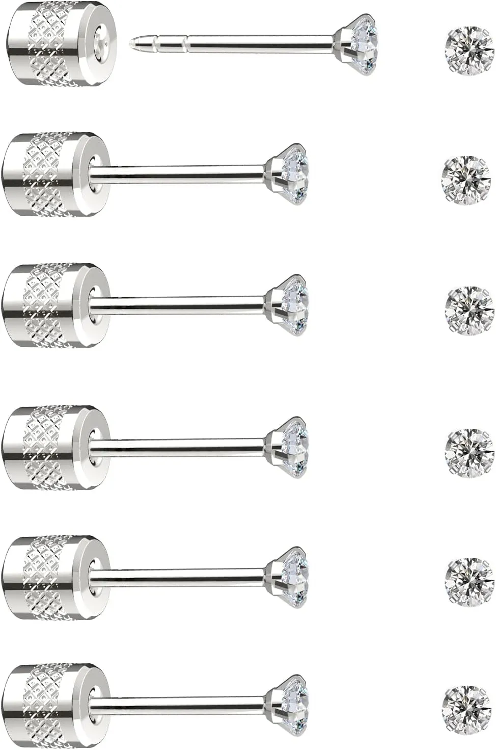 Threadless Flat Back Stud Earrings, 6 Pairs Titanium Hypoallergenic Earrings for Women Men, Cubic Zirconia Silver Gold Stud Earrings Surgical Stainless Steel Stud Earring Set for Cartilage 2-8mm