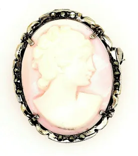 Vintage Sterling Silver Shell Cameo & Marcasite Brooch/Pendant