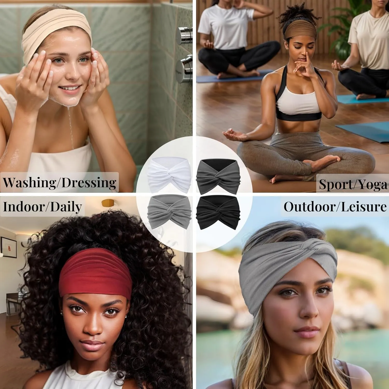 Wide Headbands for Women Yoga Running Sports Headhand Bandana Boho Non Slip Sweat Head Bands Accessories 4 Pack