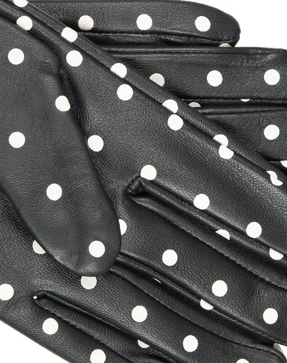 Women's Silk-Lined Leather Gloves with Polka Dot Design